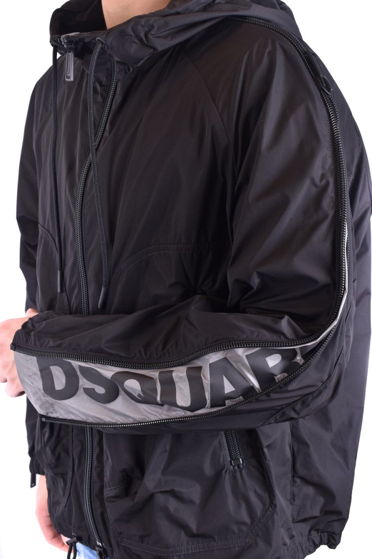Sleek Black Polyester Jacket with Branded Lining