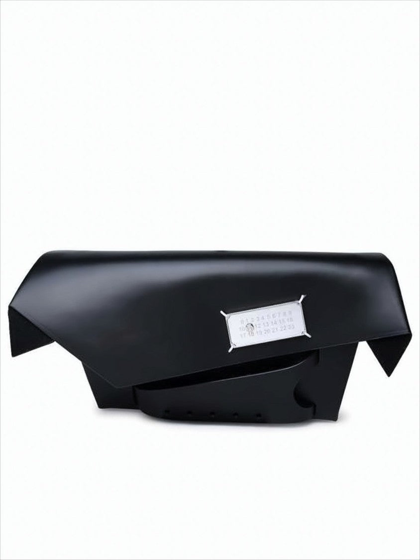 Structured Black Clutch With Metallic Logo Plaque