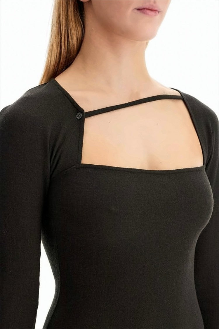 Fitted Black Midi Dress With Asymmetrical Hem And Square Neckline