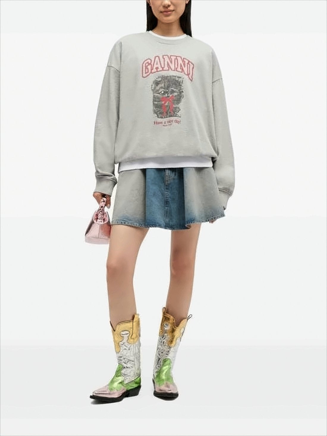 Graphic Long-Sleeve Sweatshirt with Playful Cat Design