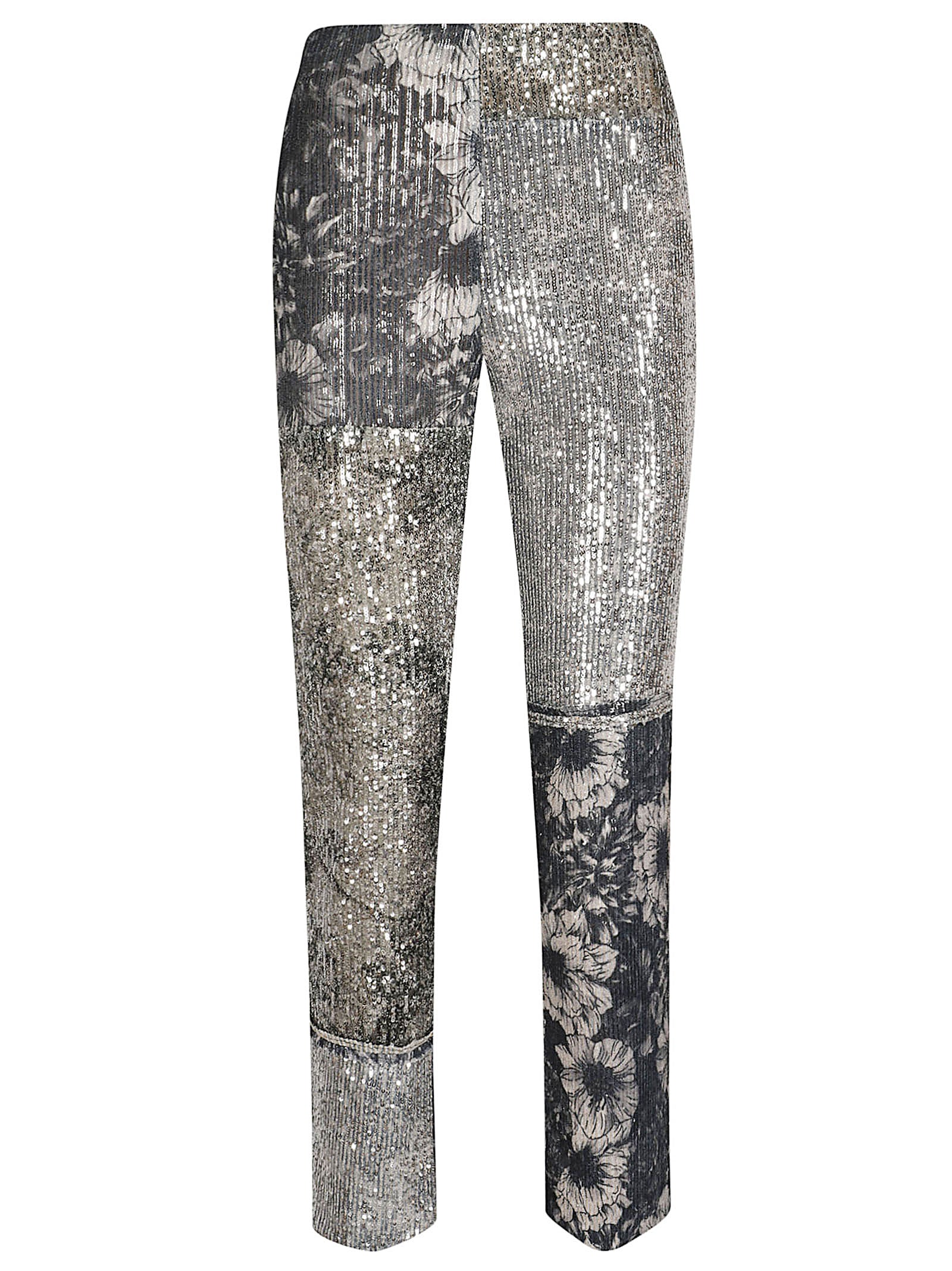Patchwork Grey Jeans with Sequined Panels and Cropped Cut