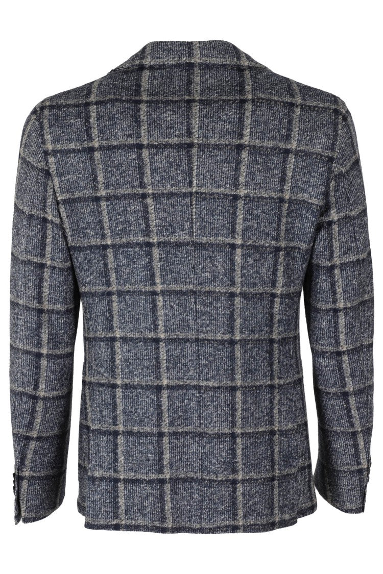 Blue Tartan Patterned Single-Breasted Jacket With Pointed Lapels