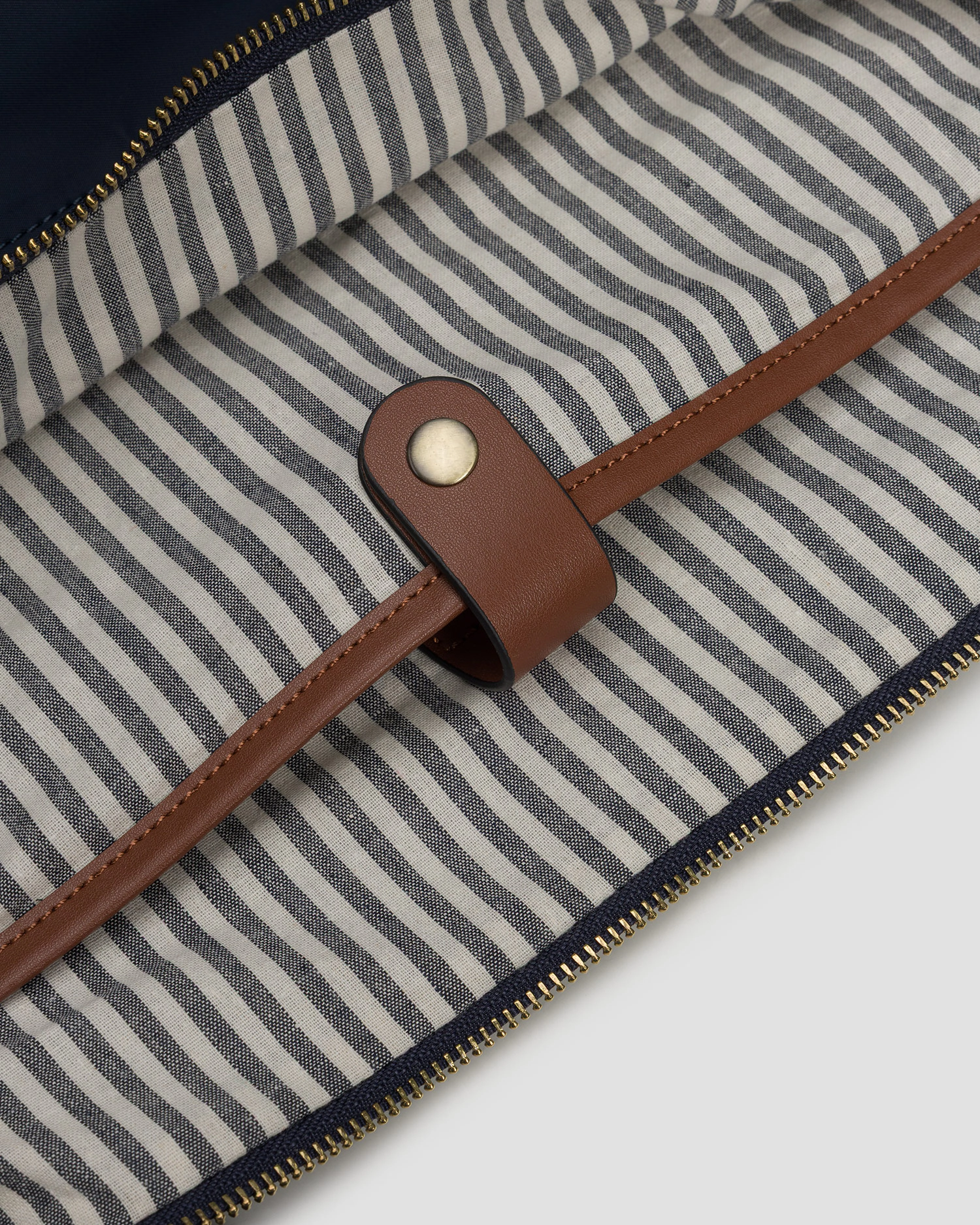 Navy Blue Duffle Bag with Brown Leather Accents