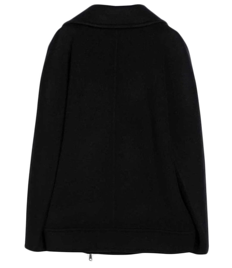 Asymmetrical Zip Black Wool Coat With Wide Lapels And Side Pockets