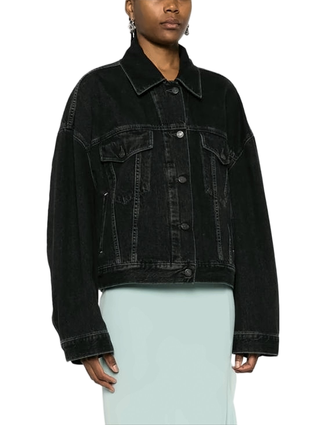 Black Oversized Denim Jacket with Button-Up Front