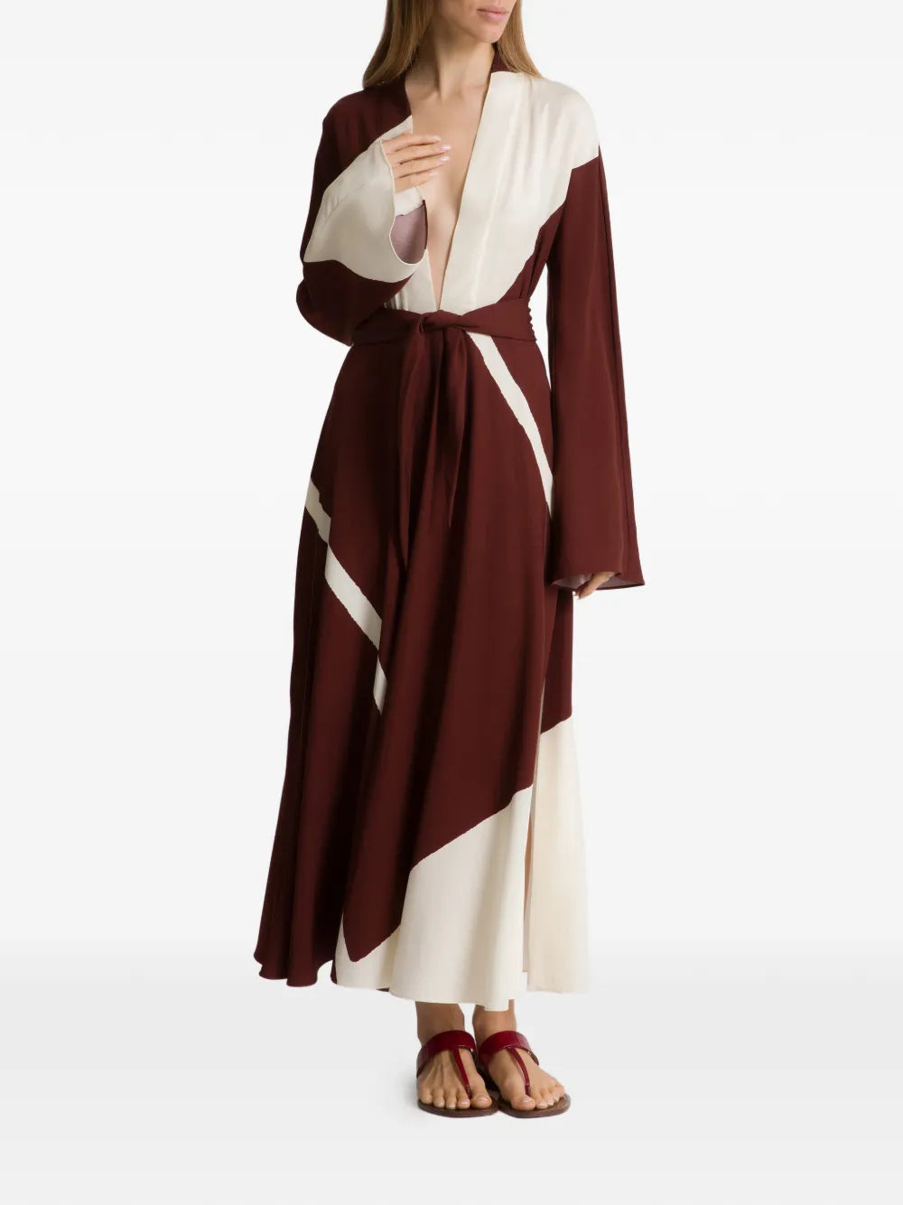 Flowing Midi Dress with Deep V-Neckline and Color-Block Design