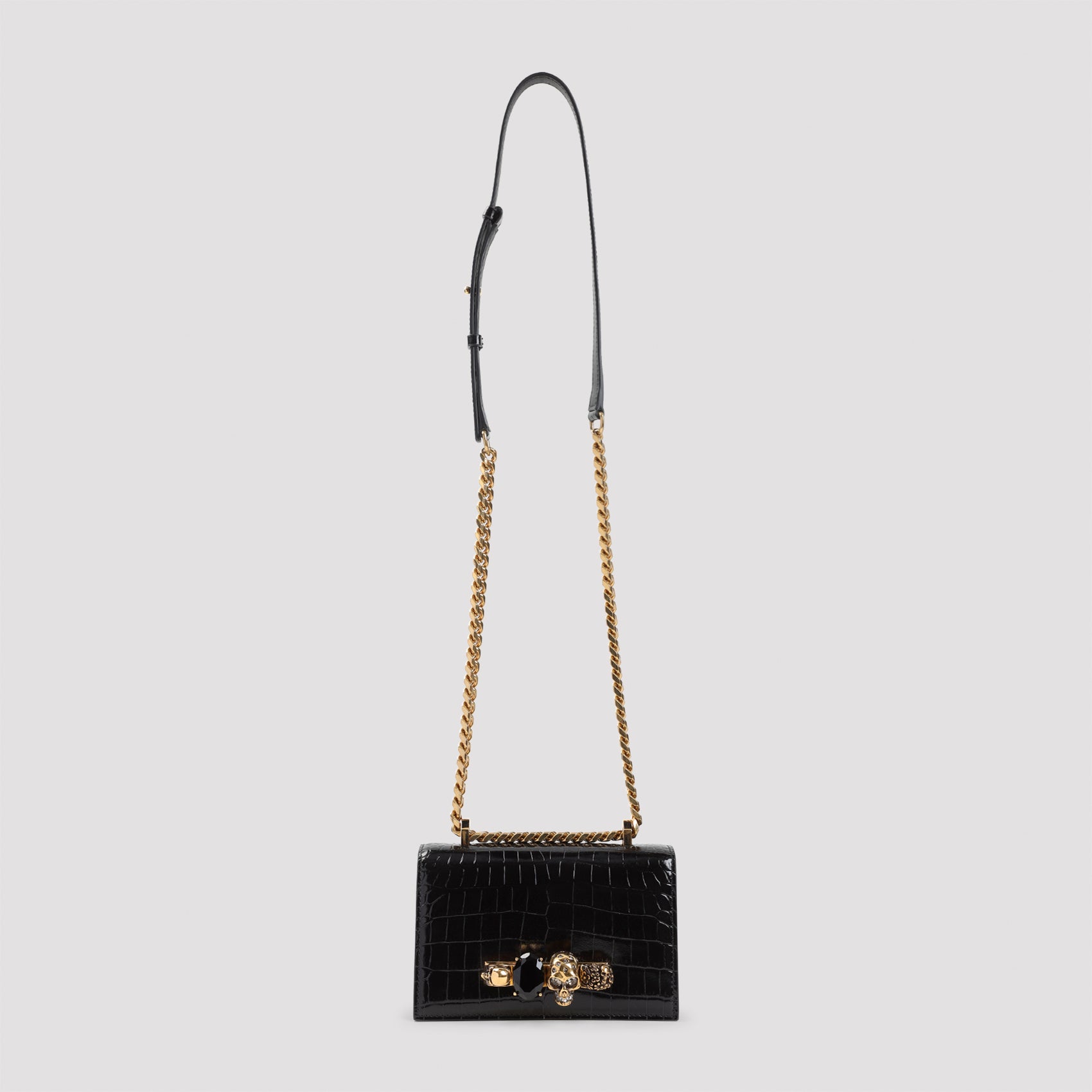 Glossy Crocodile-Embossed Leather Clutch