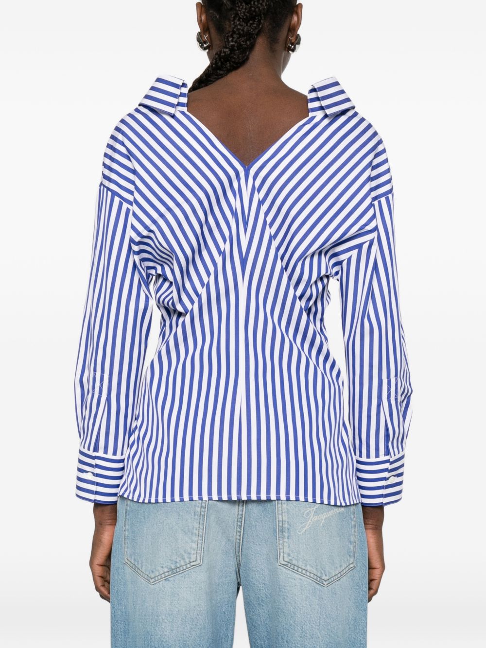 Vertical Blue and White Stripe Off-Shoulder Shirt