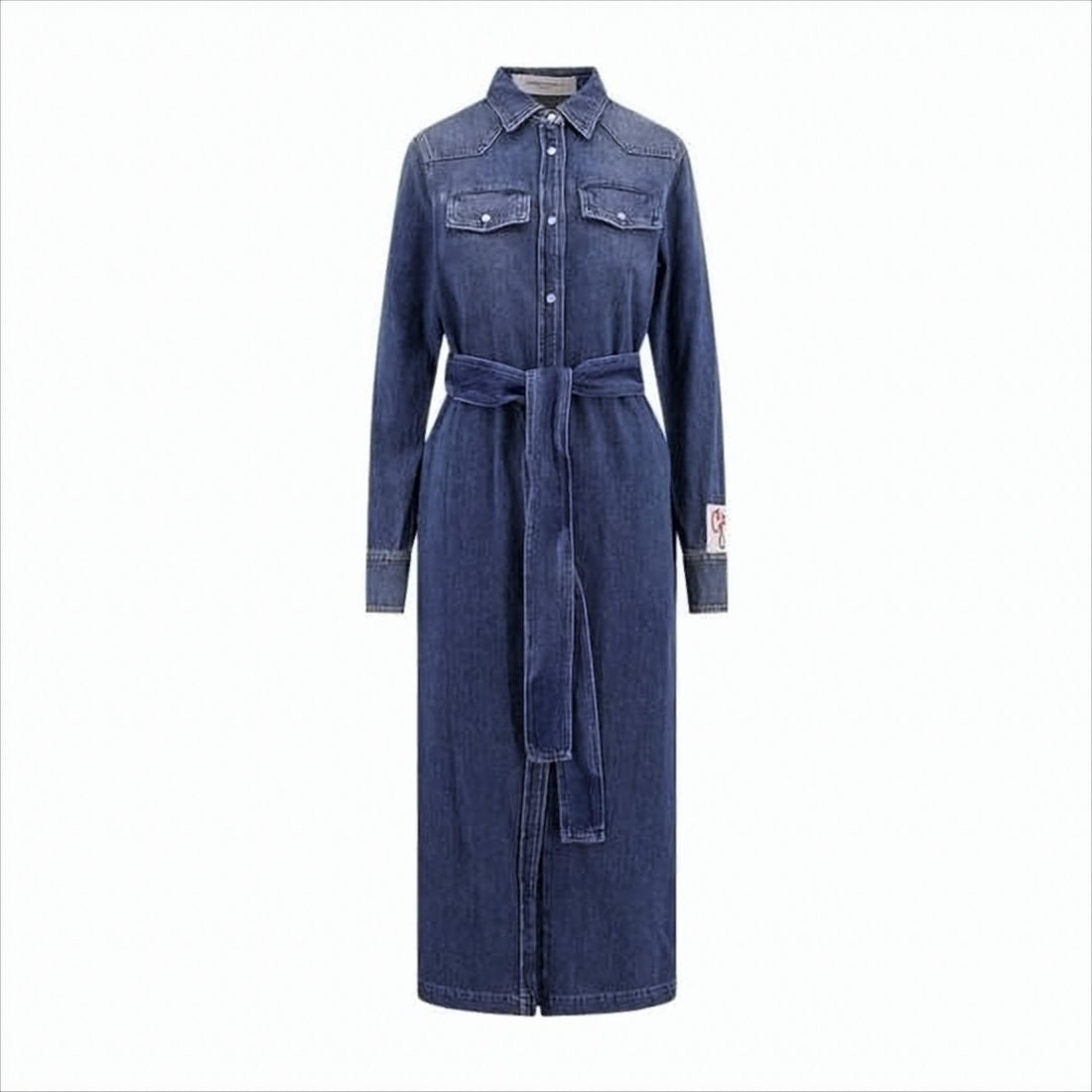 Classic Denim Long Dress With Button-Down Front And Embroidered Patch