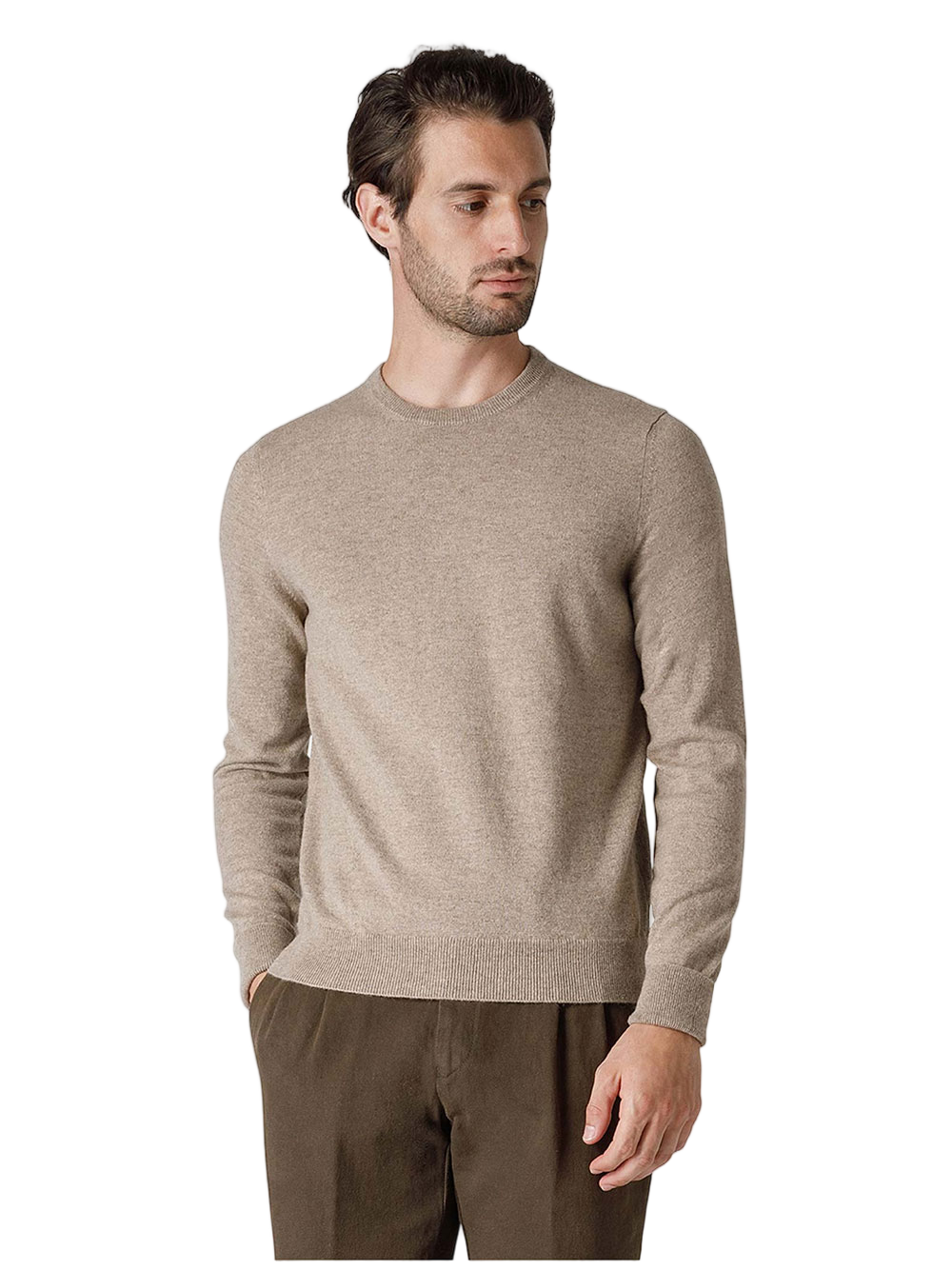 Beige Crew Neck Cashmere Ribbed Sweater