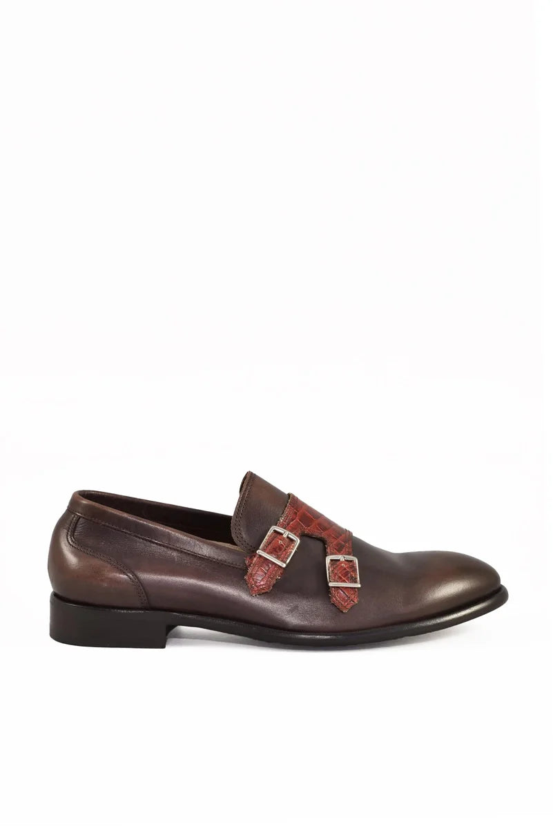 Leather Loafer with Buckles - Brown/Bordeaux