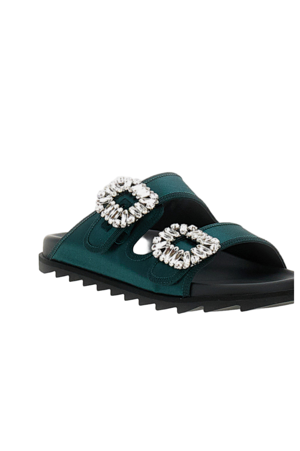 Dark Green Sandals With Crystal Buckles