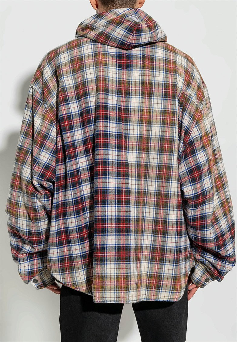 Bleached Plaid Hooded Long Sleeve Shirt