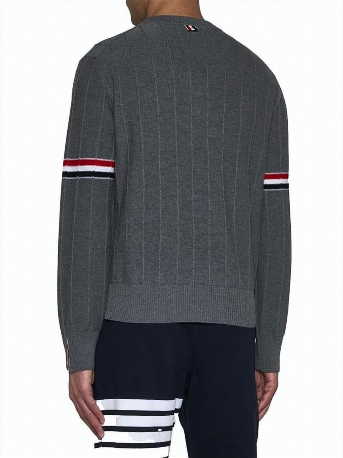 Boxy Grey Wool Sweater with Distinctive Horizontal Stripes