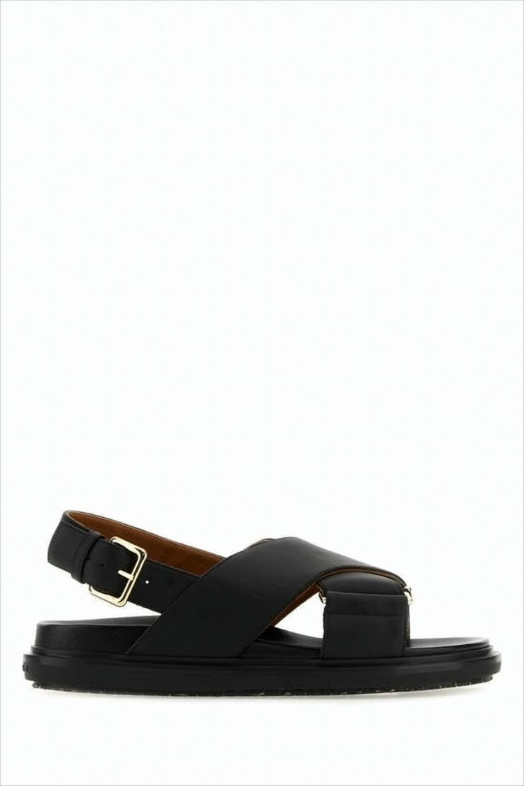 Crisscross Black Leather Sandals with Gold-Tone Buckle