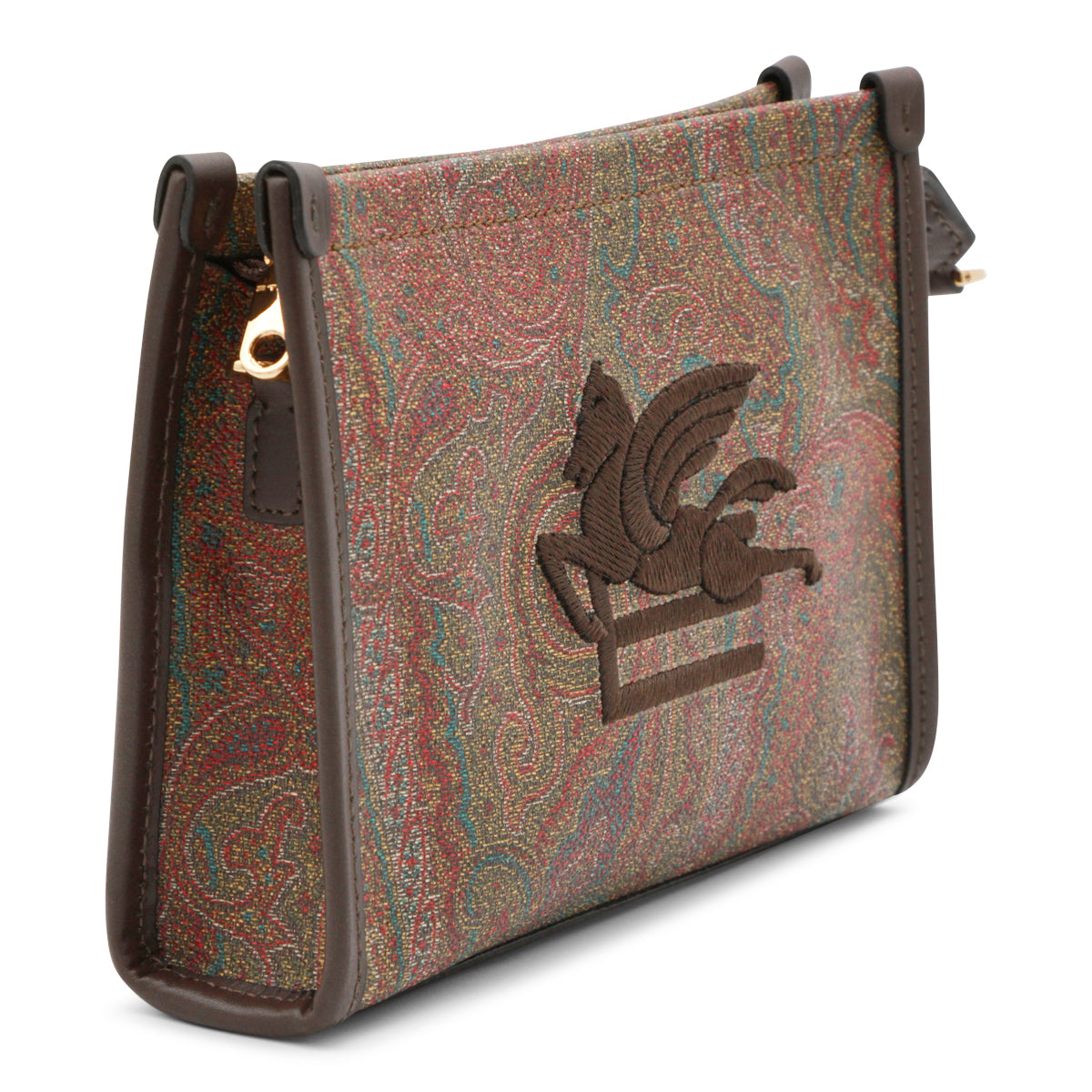 Paisley-Patterned Brown Cotton Pouch with Embroidered Logo