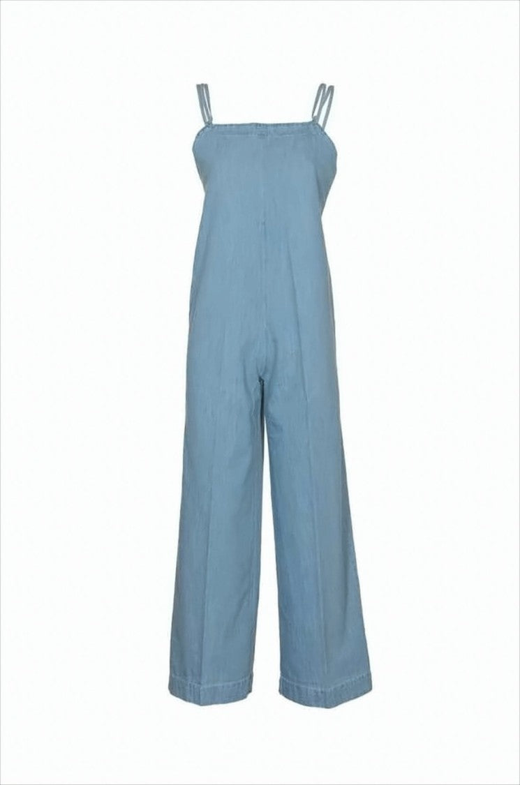 Light Blue Denim Jumpsuit with Wide-Leg Pants