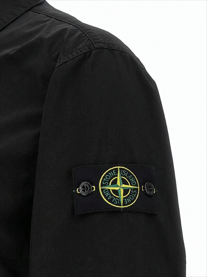 Black Casual Jacket with Classic Collar and Distinctive Patch