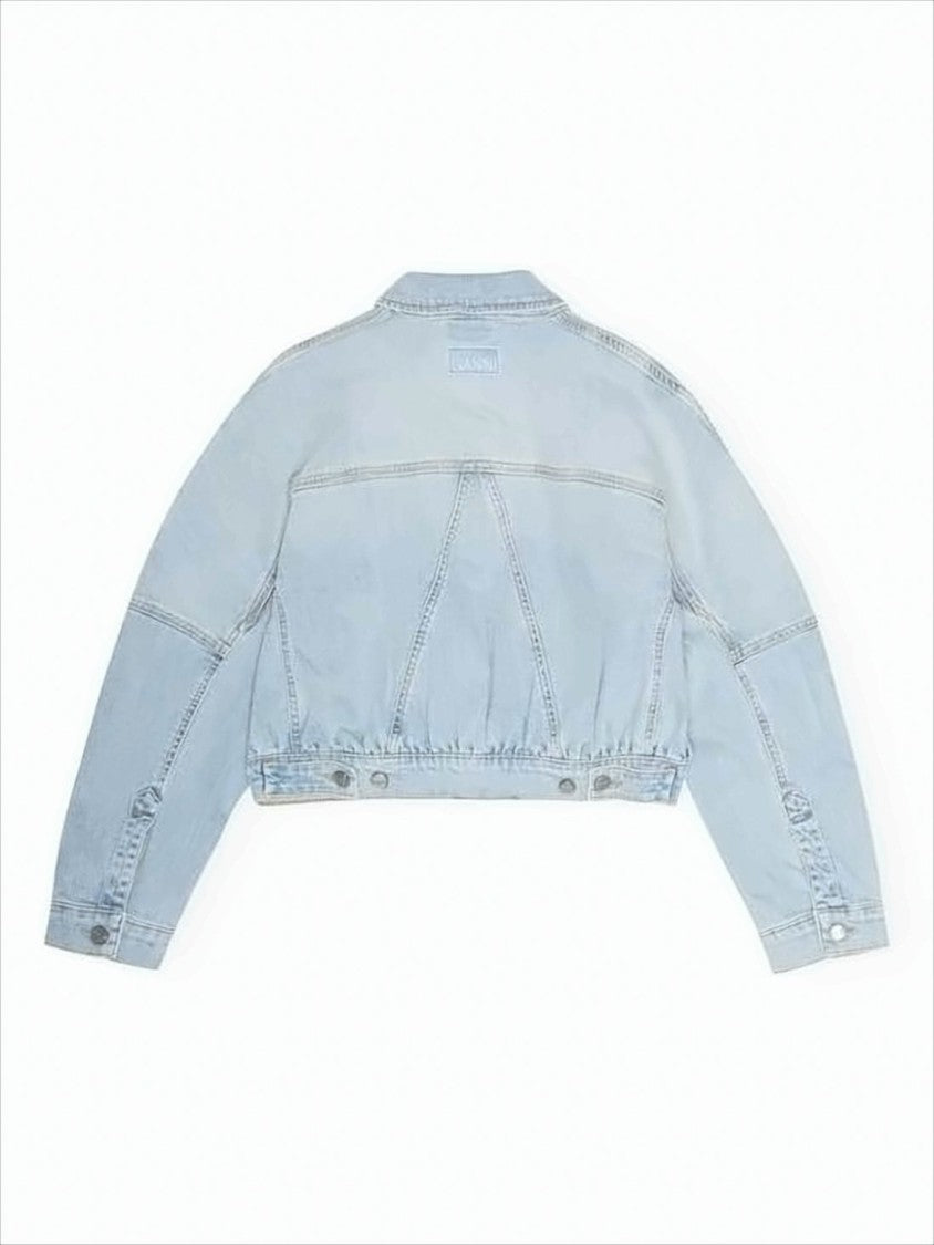 Light Wash Cropped Denim Jacket with Gathered Hem and Flap Pockets
