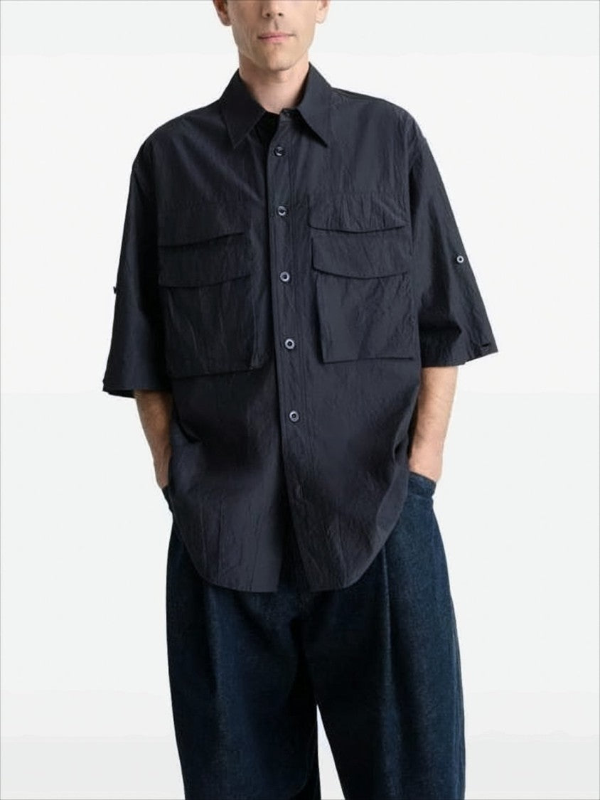Boxy Black Button-Down Shirt with Flap Pockets