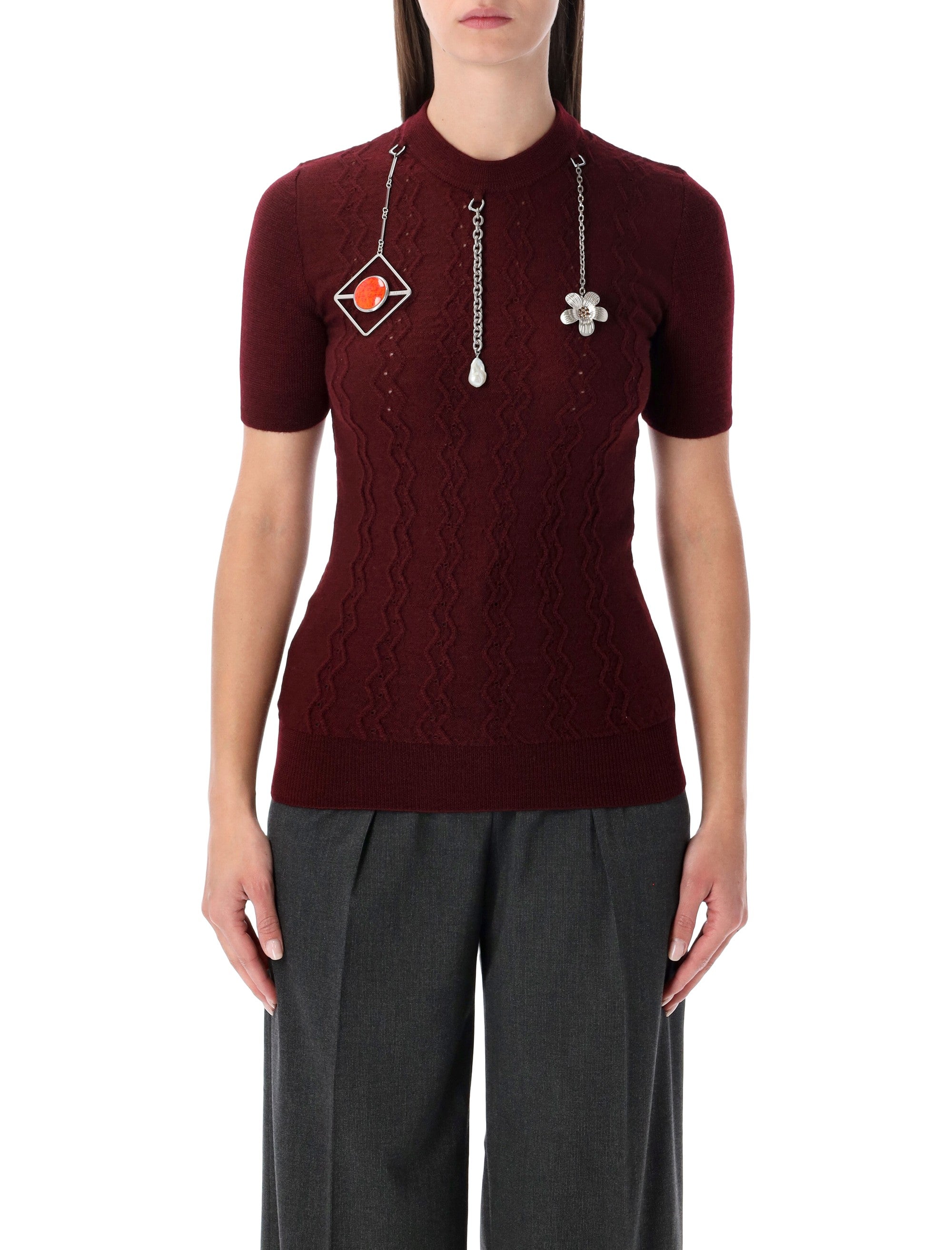 Burgundy Wool Sweater With Jewel Pendants