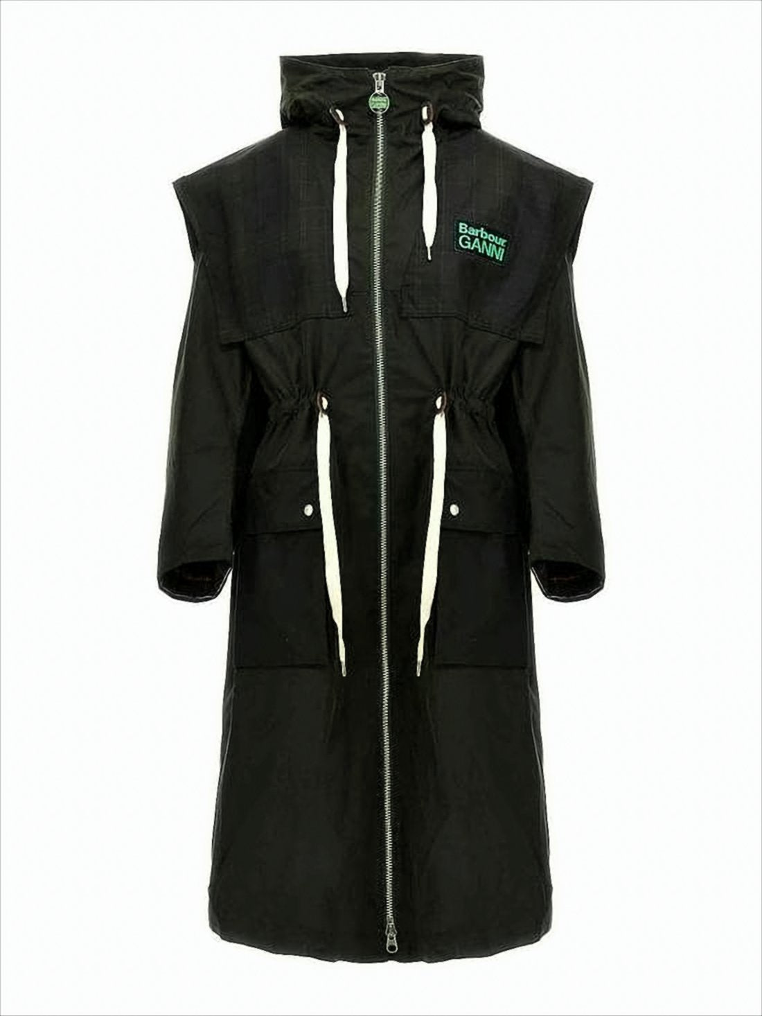 Long Black Coat With High Collar And Embroidered Branding
