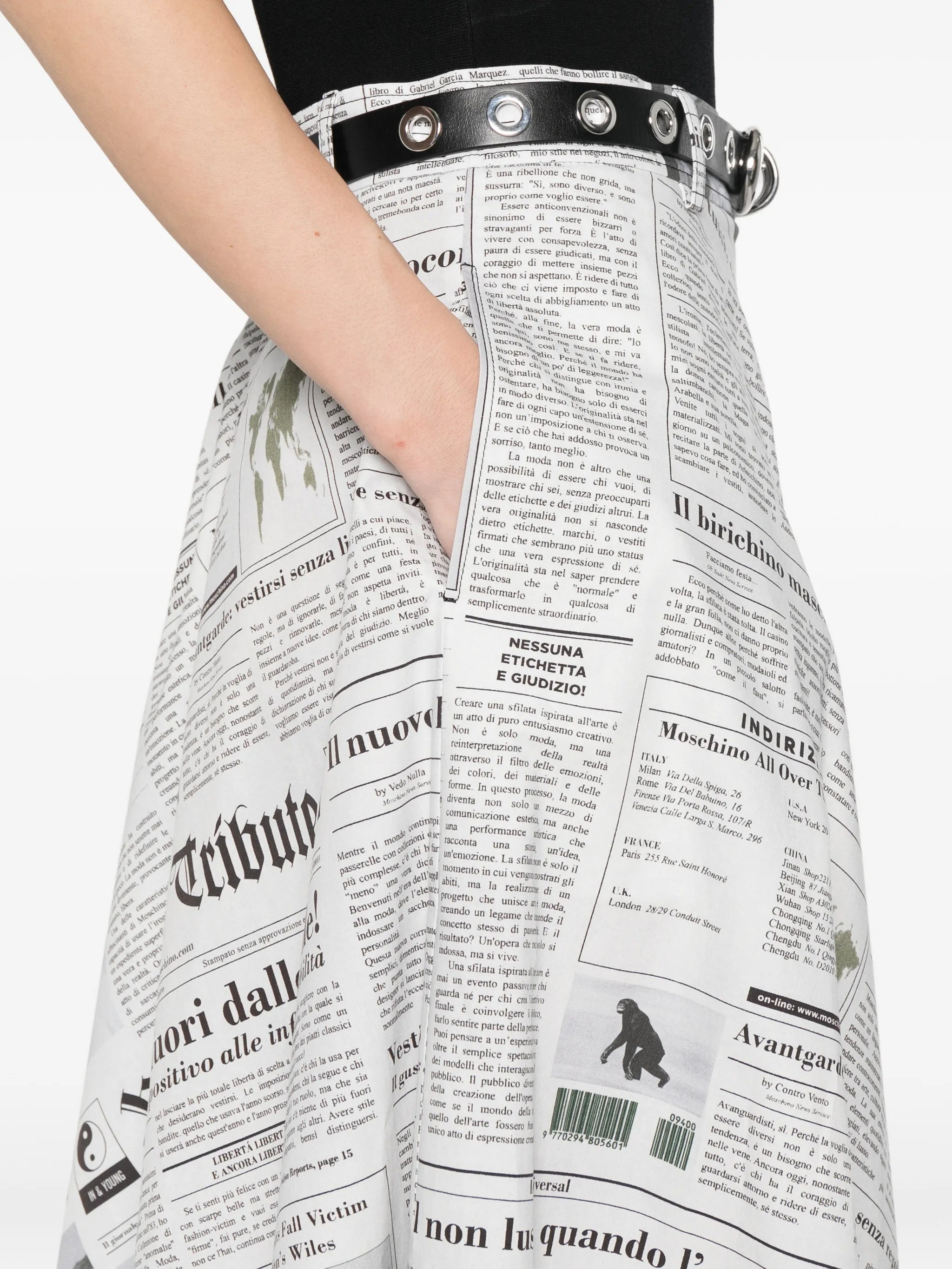 Midi Skirt with High Waist and Newspaper Print