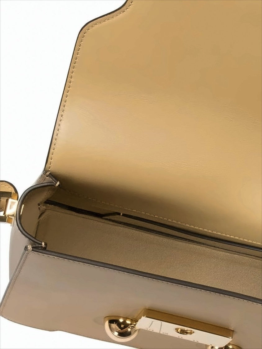 Structured Brown Leather Shoulder Bag with Gold-Tone Clasps
