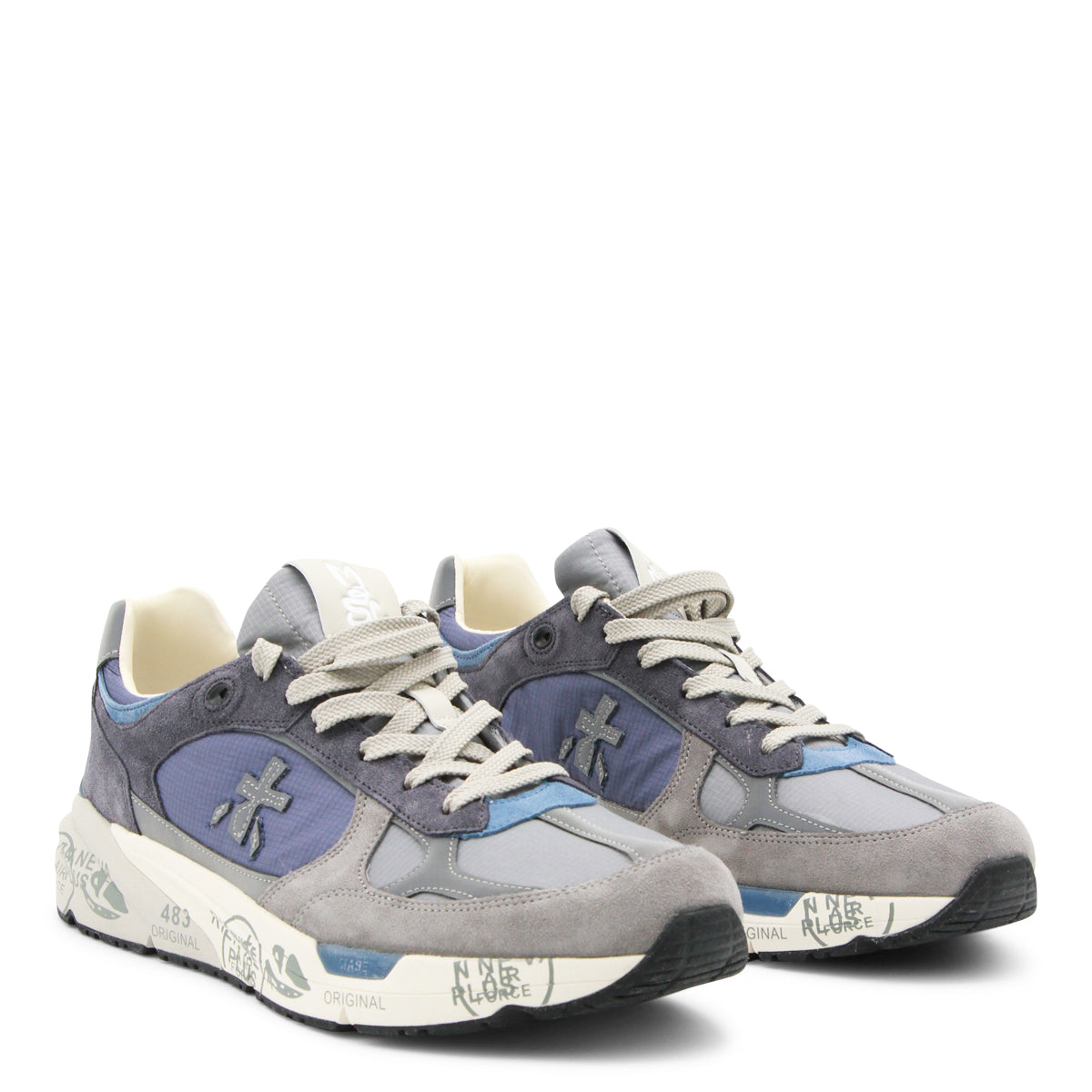 Layered Grey and Blue Sneakers with Stitched Logo