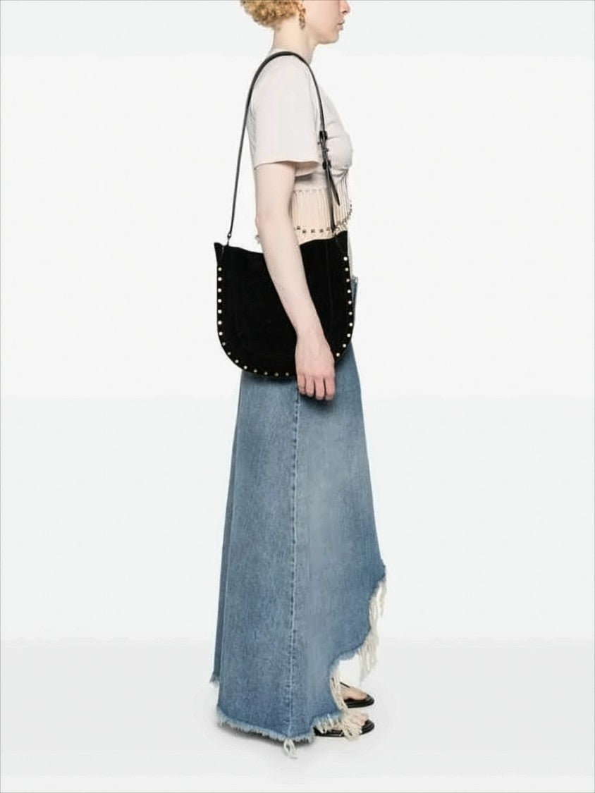 Curved Black Suede Shoulder Bag with Gold-tone Studs