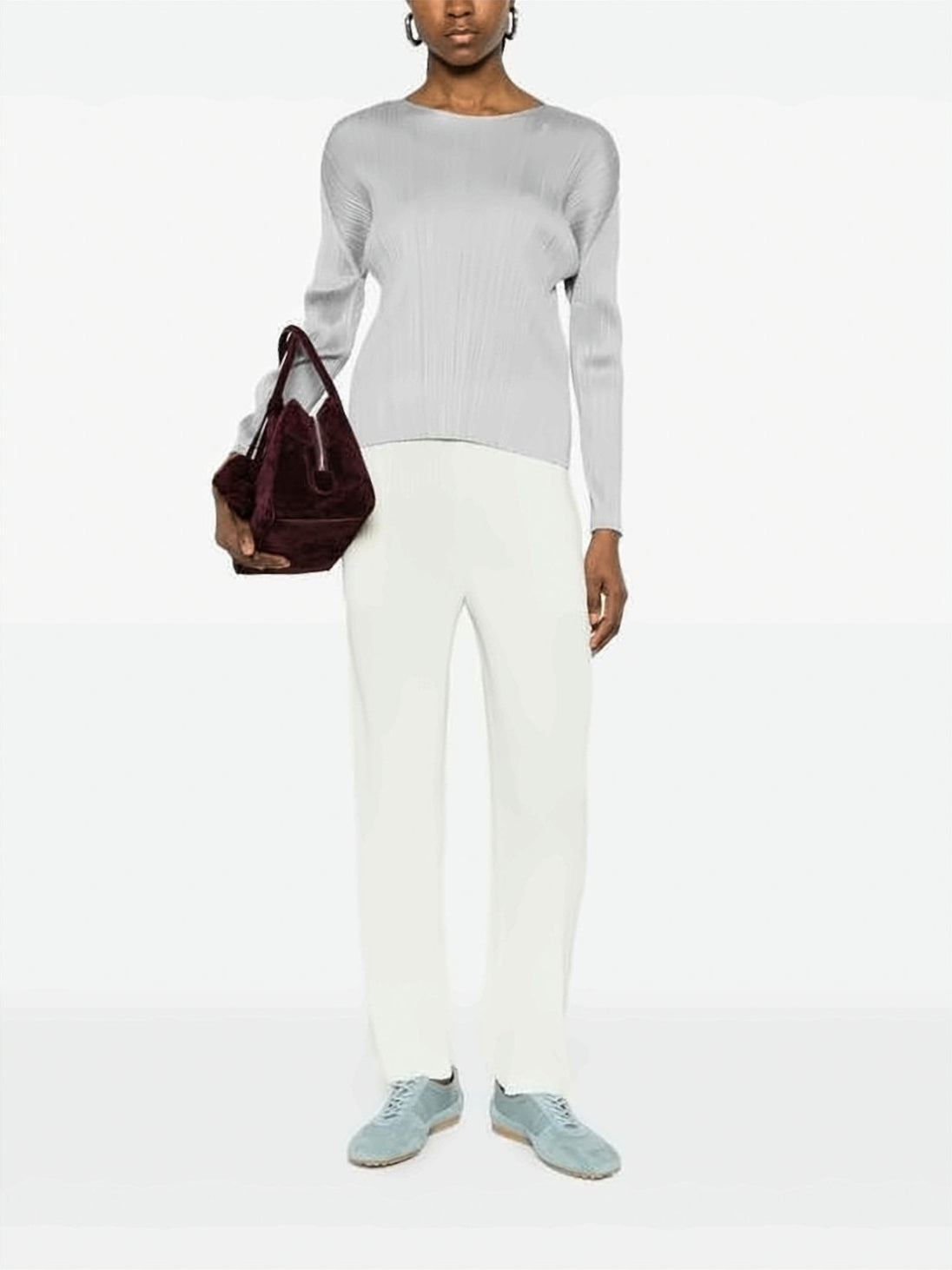 Pleated Texture Long-Sleeve Top With Cropped Hem