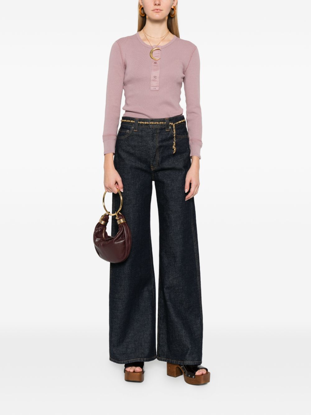 Soft Ribbed Long-Sleeve Top With Button Placket