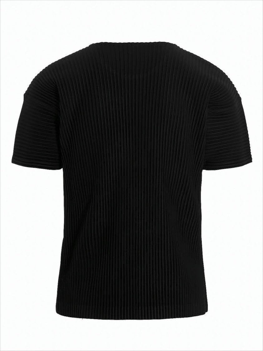 Pleated Textured Short-Sleeved Top With Boxy Silhouette