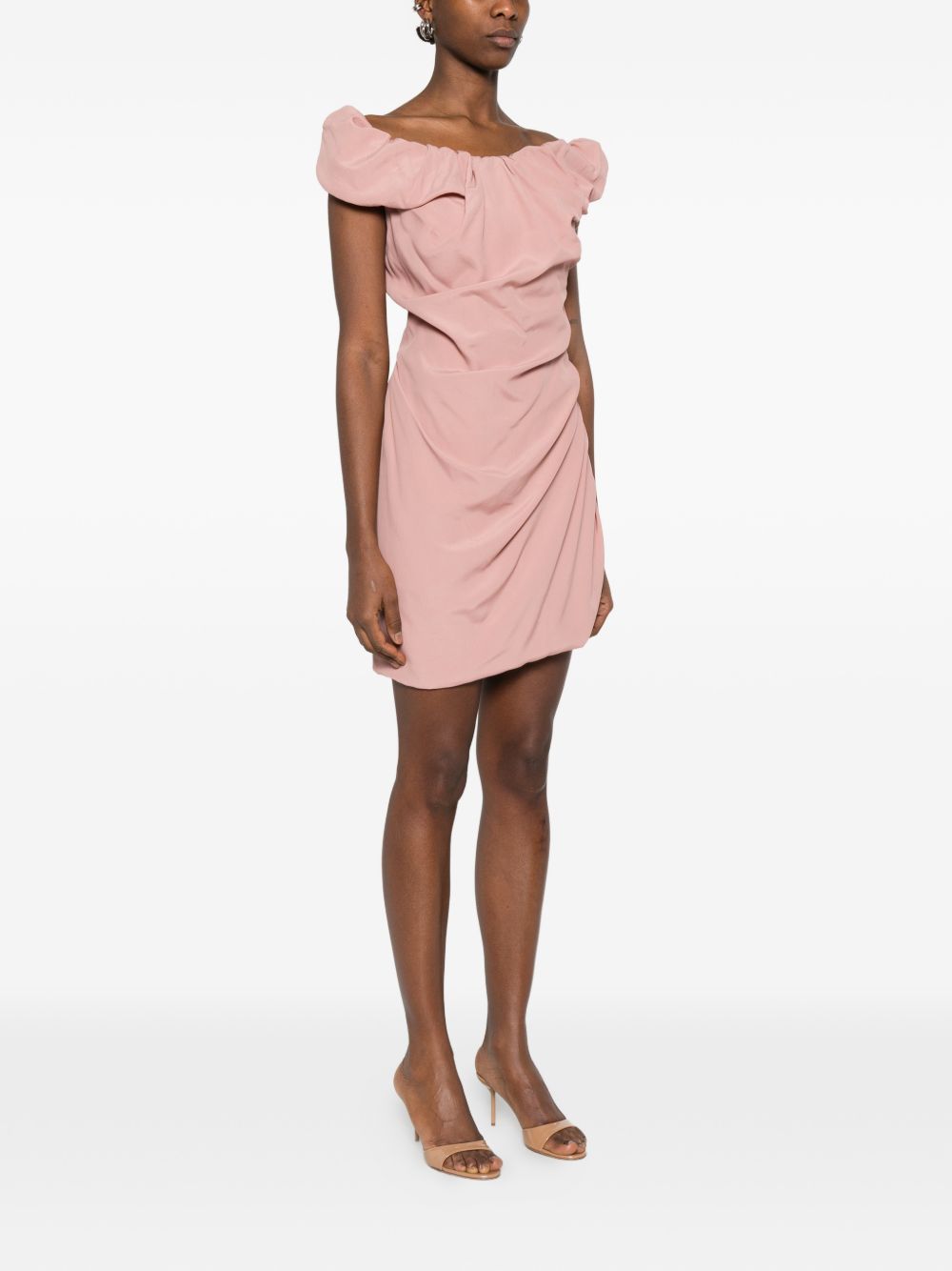 Ruched Mini Dress With Sculptural Off-Shoulder Neckline