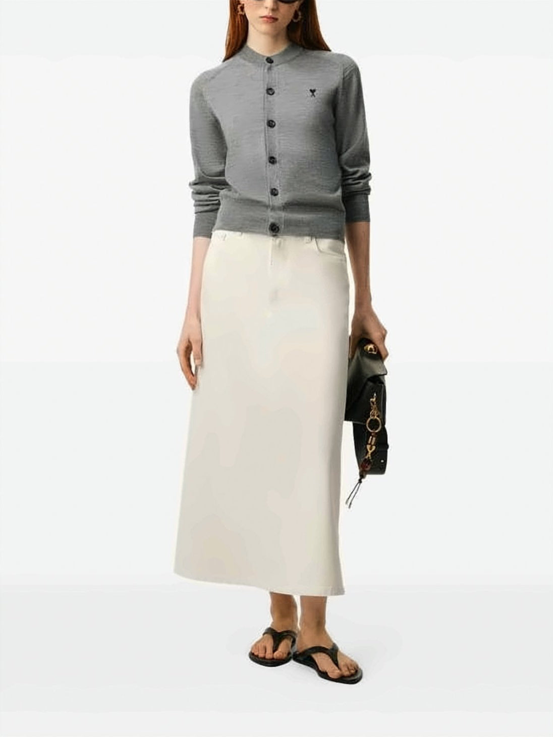 Crew Neck Wool Cardigan with Ribbed Details