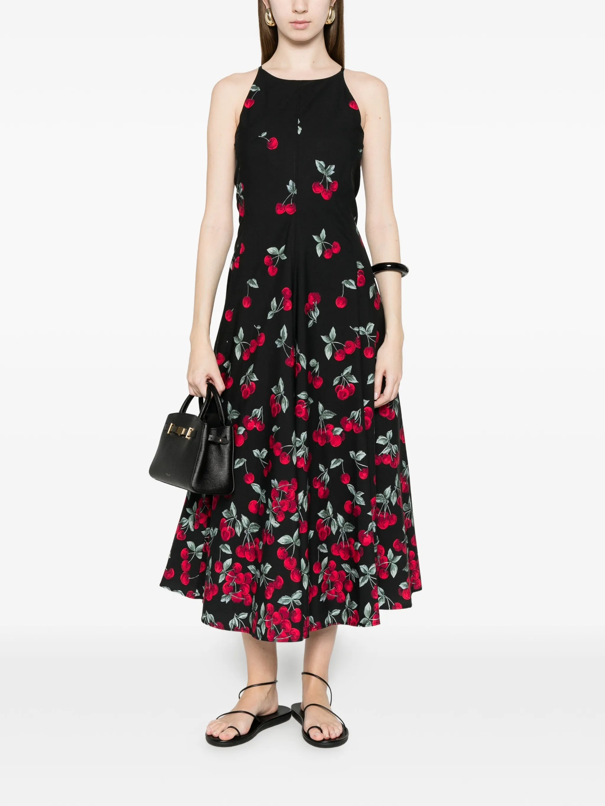 Black Fitted Midi Cherry Print Dress