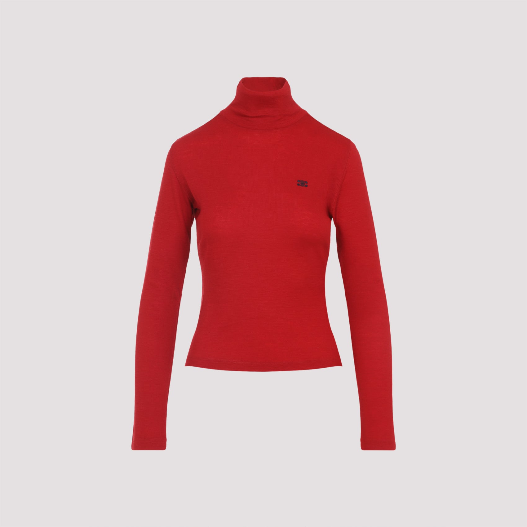 Fitted Red Wool Turtleneck with Embroidered Logo