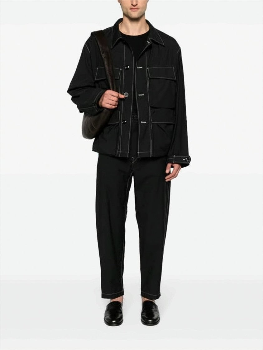 Relaxed Fit Black Straight Pants With Belt Detail And Contrasting Stitching