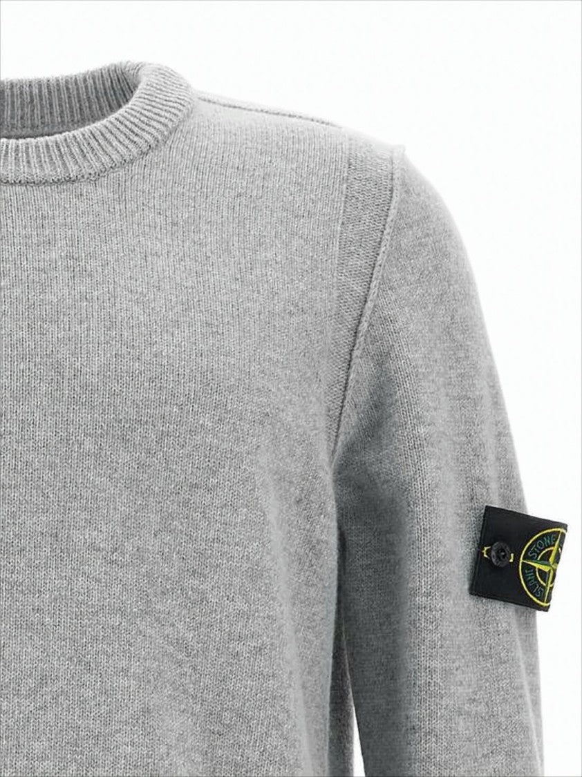 Classic Crew Neck Grey Knitwear Sweater with Compass Patch