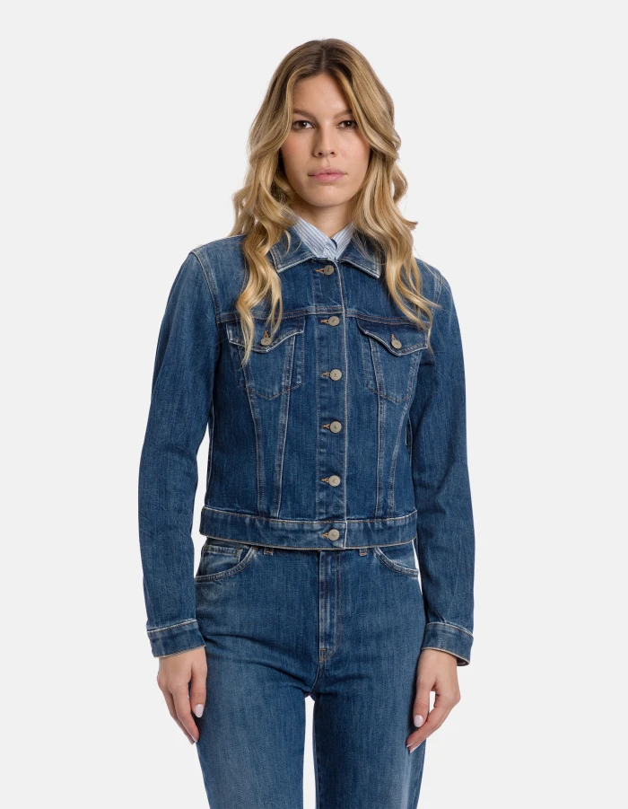 Fitted Medium Blue Denim Jacket with Button-Down Front