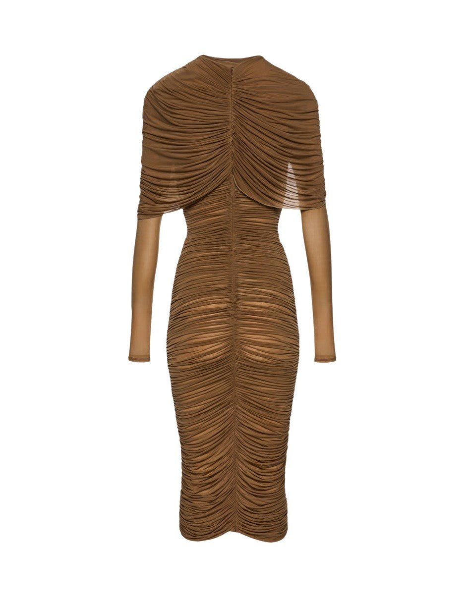 Sheer Cupro Midi Dress with Dramatic Cape Overlay