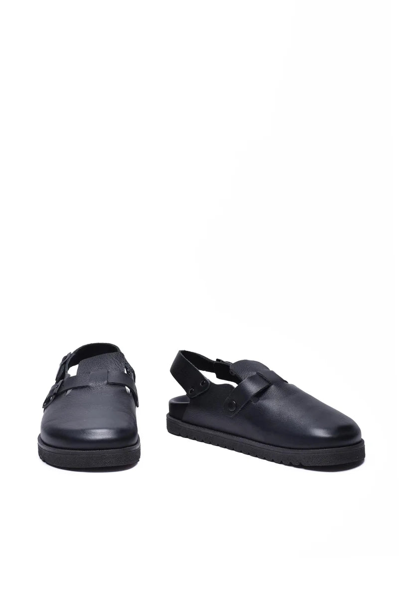 Black Leather Mules with Adjustable Strap