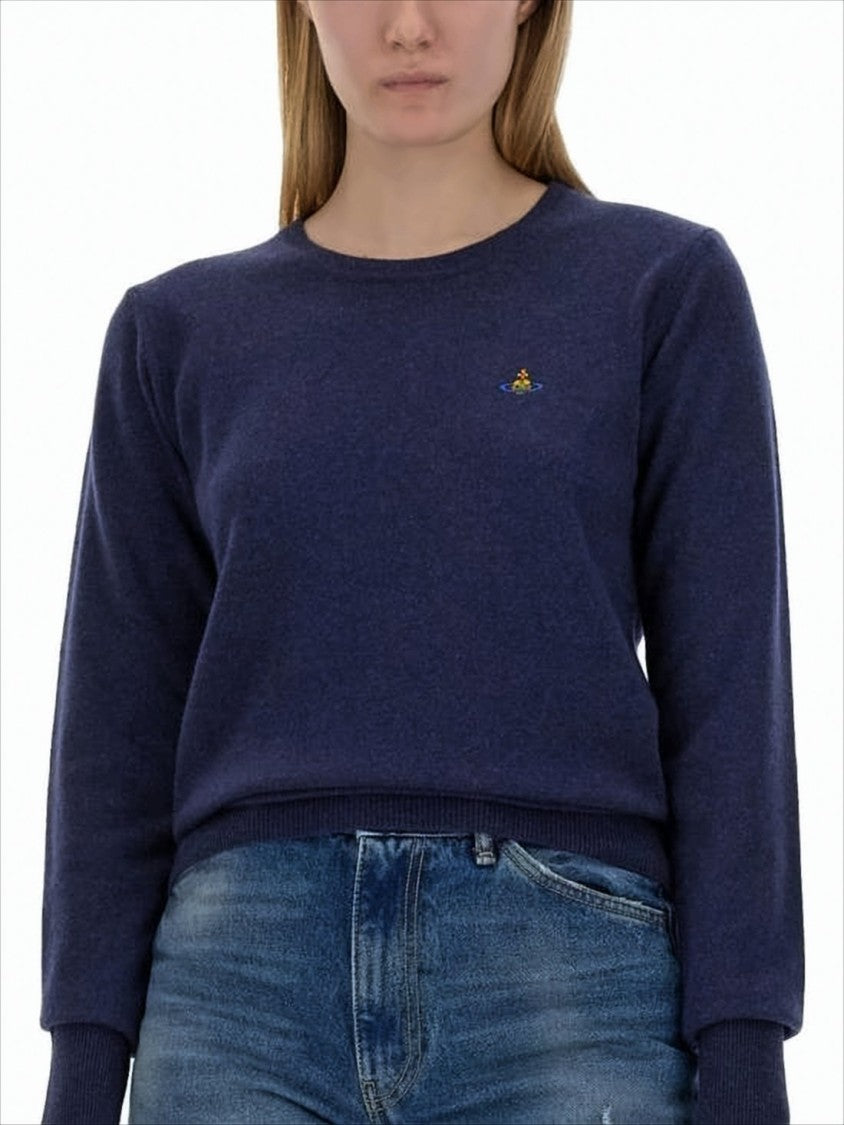Blue Cashmere-Wool Blend Sweater with Ribbed Cuffs