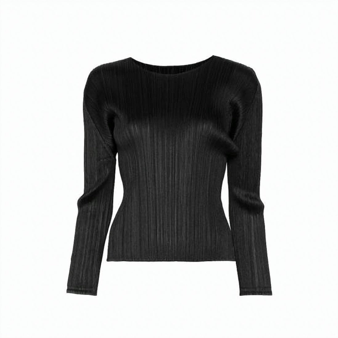 Textured Pleated Black Long-Sleeve Top