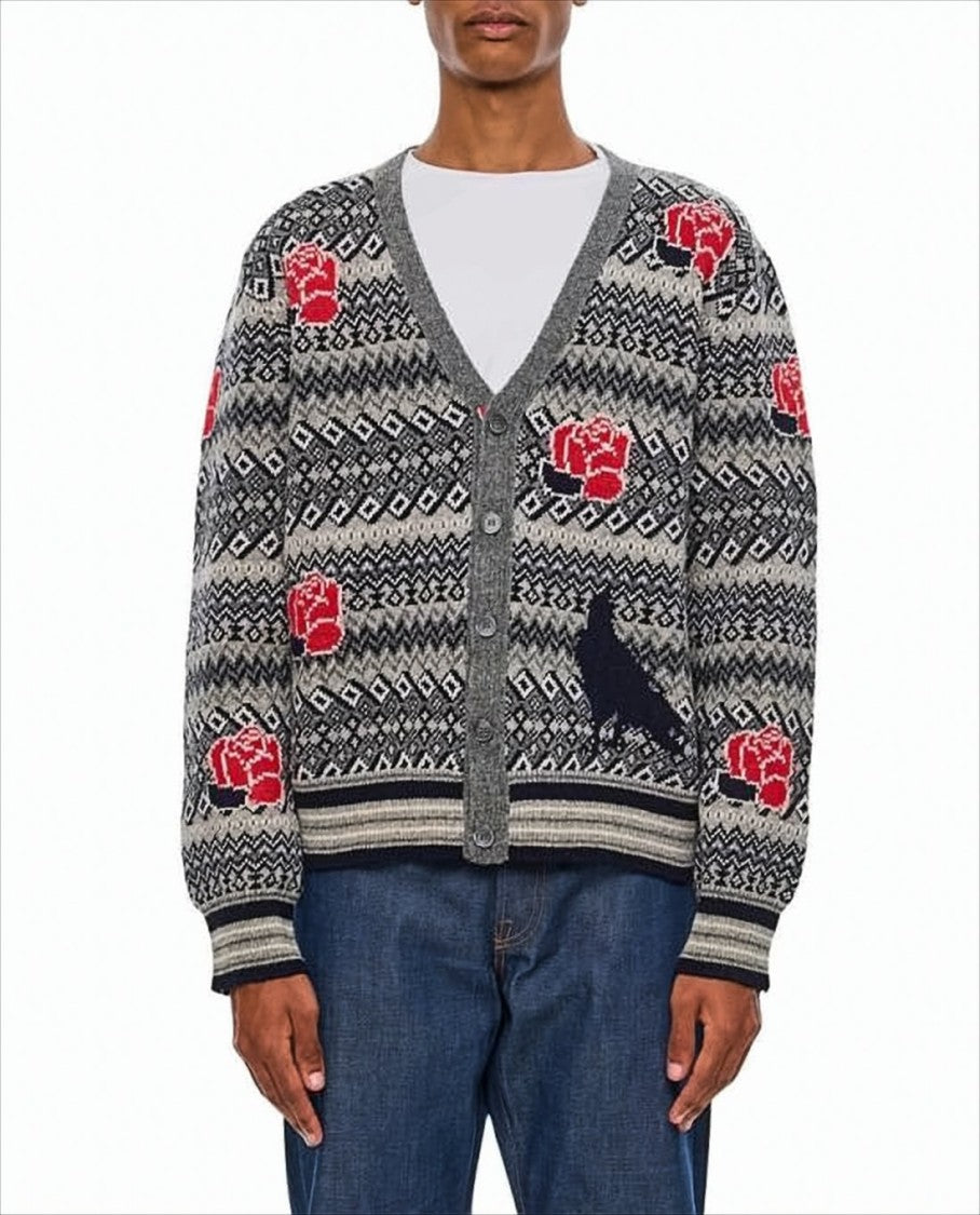 Classic V-Neck Cardigan with Rose and Bird Motif