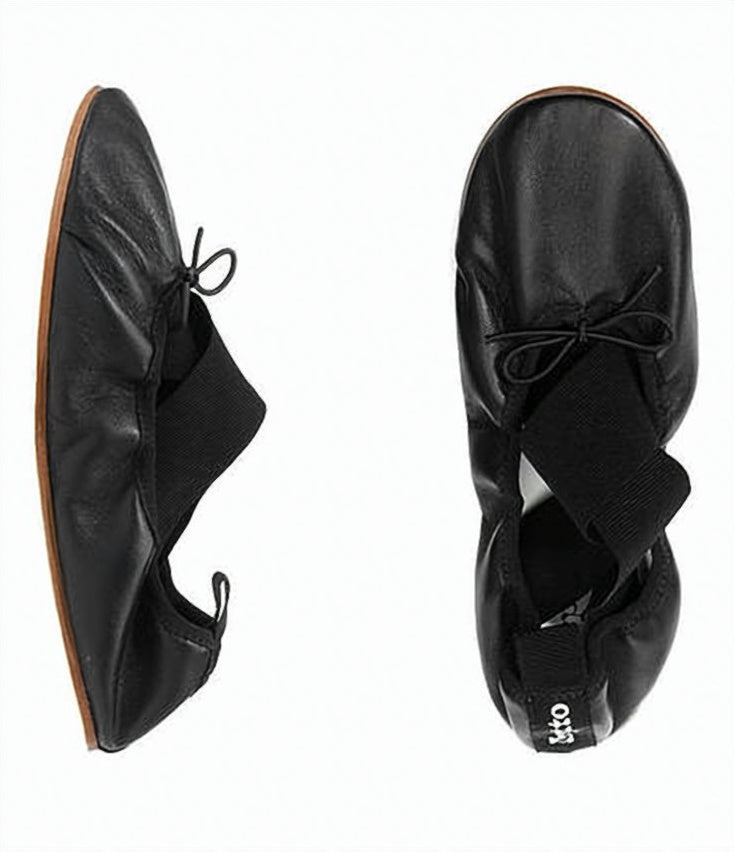 Ruched Black Leather Flats with Bow Detail