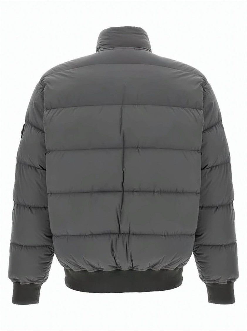Quilted Grey Padded Jacket with High Collar and Distinctive Patch