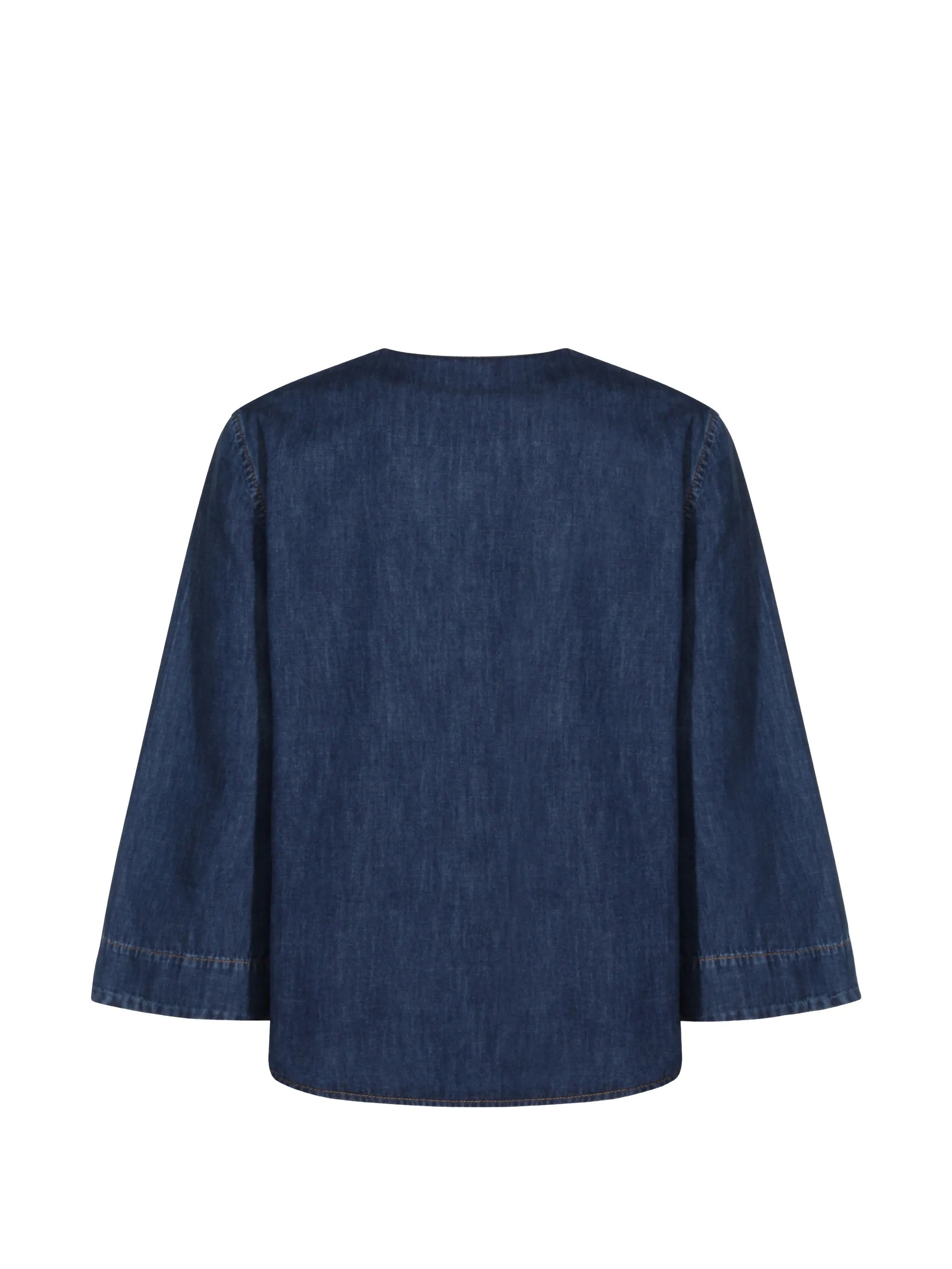 Blue Boxy Metallic-V Detail Denim Top