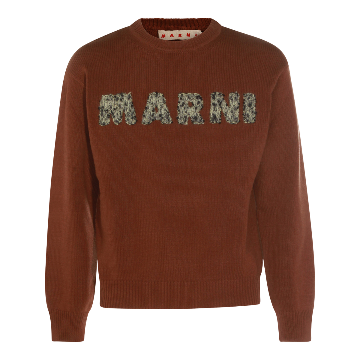 Textured Brown Knit Sweater with Contrasting Lettering