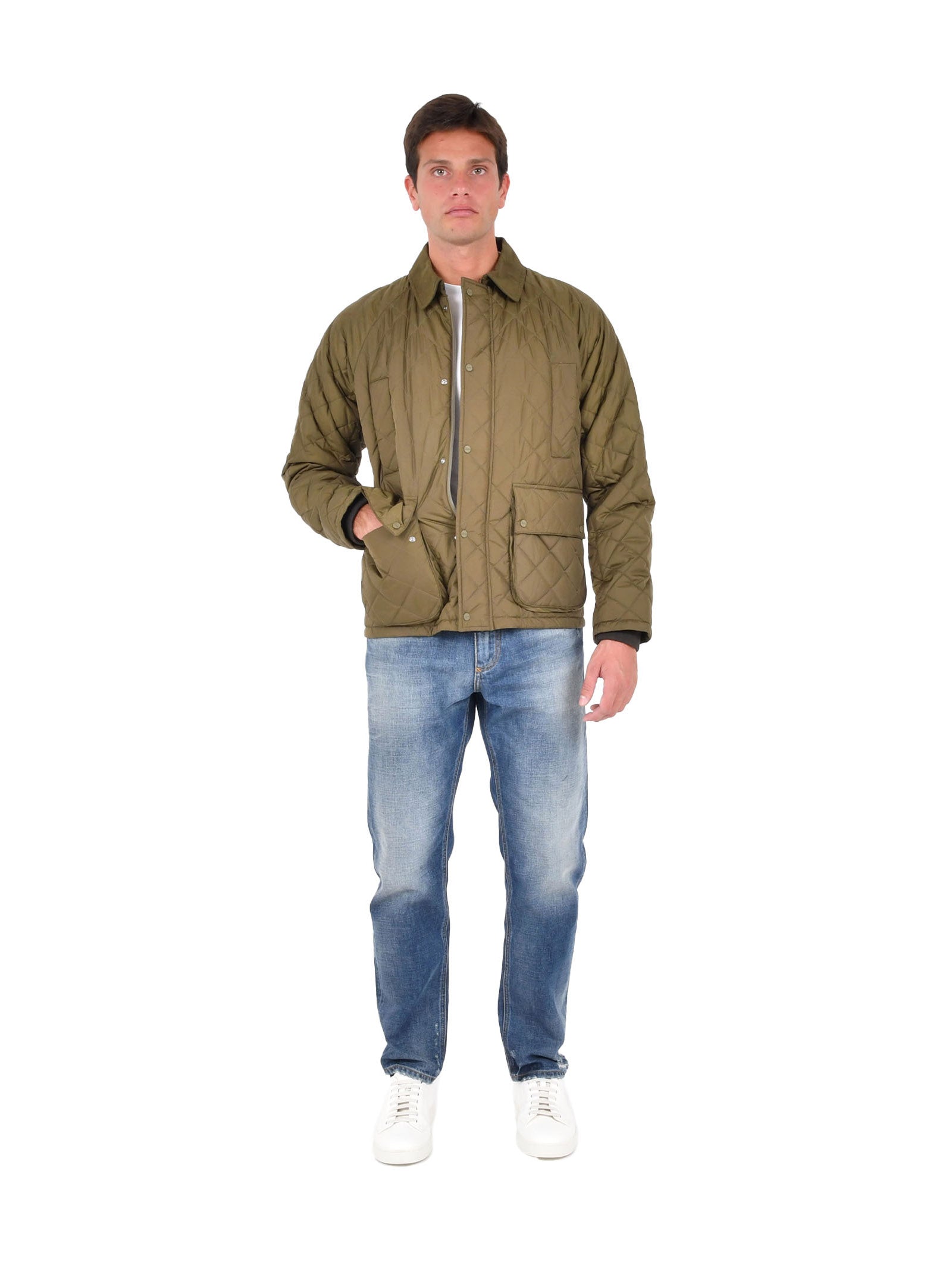 Military Green Quilted Jacket With Structured Collar